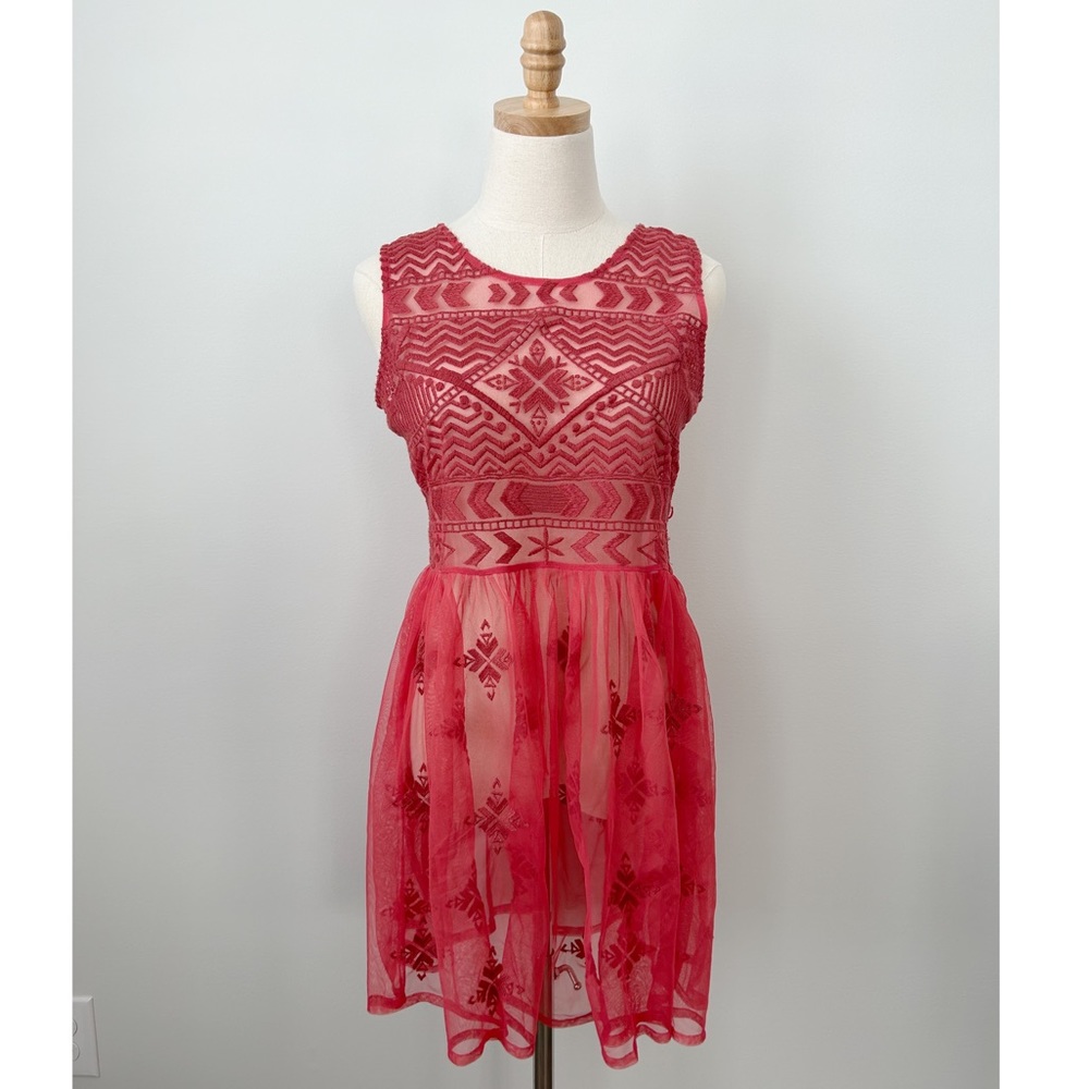 Free People Sheer Embroidered Red Dress in Size Small